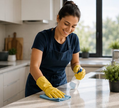 Profissional de limpeza higienizando a bancada da cozinha