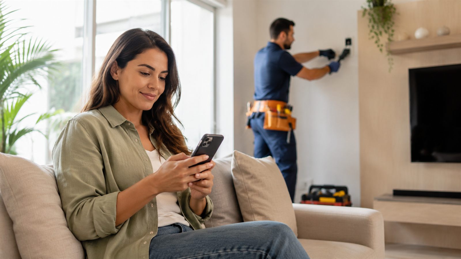 Cliente sorri olhando o celular no sofá enquanto um profissional uniformizado faz uma manutenção na parede ao fundo