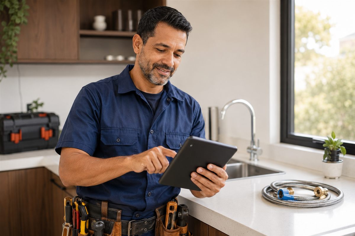 Profissional conferindo os detalhes do serviço em um tablet em uma cozinha
